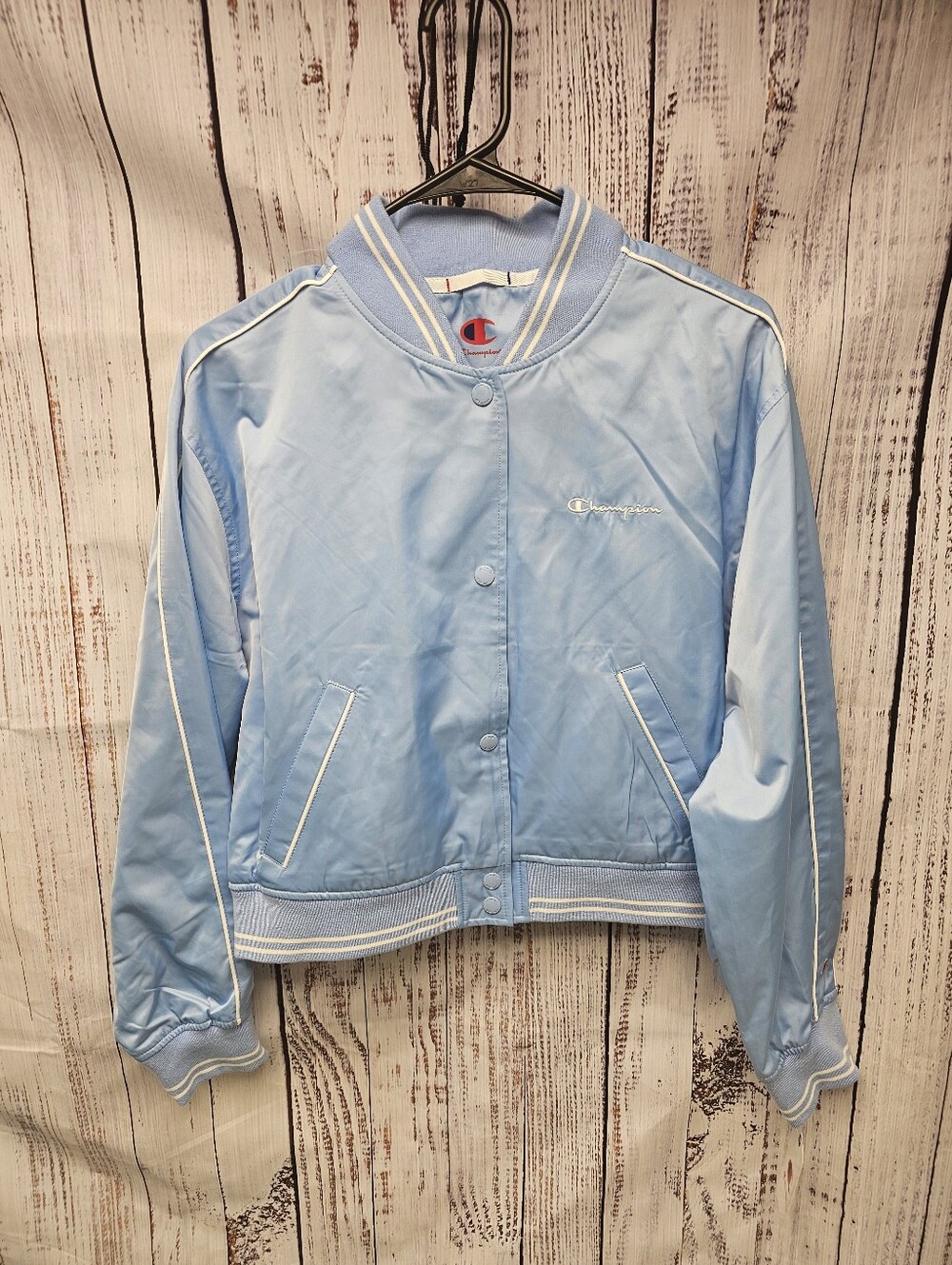 Champion Women's Size Medium Light Blue Satin Bomber Jacket Snap Front NWT